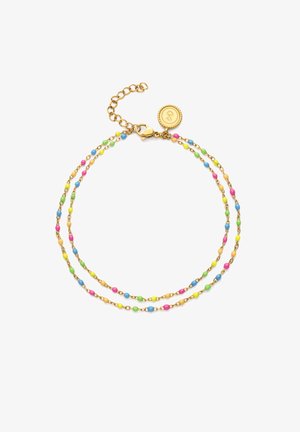 Pulsera de cadena de oro de doble hebra con pequeñas cuentas redondas en rosa, azul, verde, amarillo y melocotón, con un cierre de oro y un charm circular.