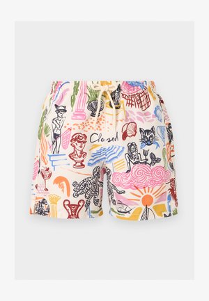 Short de bain à cordon avec des illustrations abstraites colorées incluant des statues, des créatures marines, le soleil et le mot « Closed » sur un fond crème.
