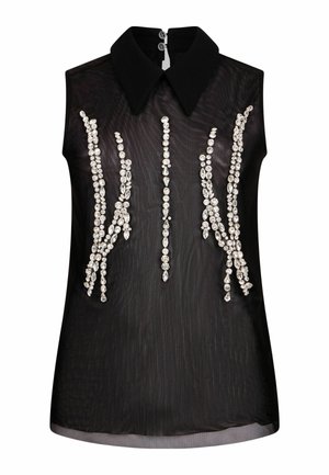 Blusa nera senza maniche con colletto, caratterizzata da decorazioni in gemme trasparenti disposte in linee verticali sulla parte anteriore.