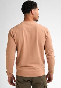 Felpa rosa chiaro a maniche lunghe con polsini e orlo a coste, caratterizzata da un collo rotondo e una texture liscia; indossata con pantaloni cargo color khaki.
