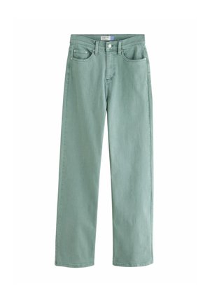 Hellgrüne Denim-Jeans mit weitem Bein, vorderem Knopf, Reißverschluss, Gürtelschlaufen und Fünf-Taschen-Design.