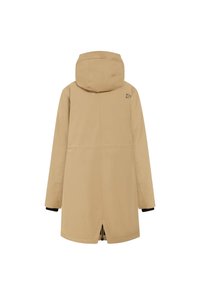 Beige wasserfester Parka mit Kapuze, langen Ärmeln, seitlichen Schlitzen am Saum und einem kleinen Logodetail auf der Rückseite. Glatte Stofftextur.