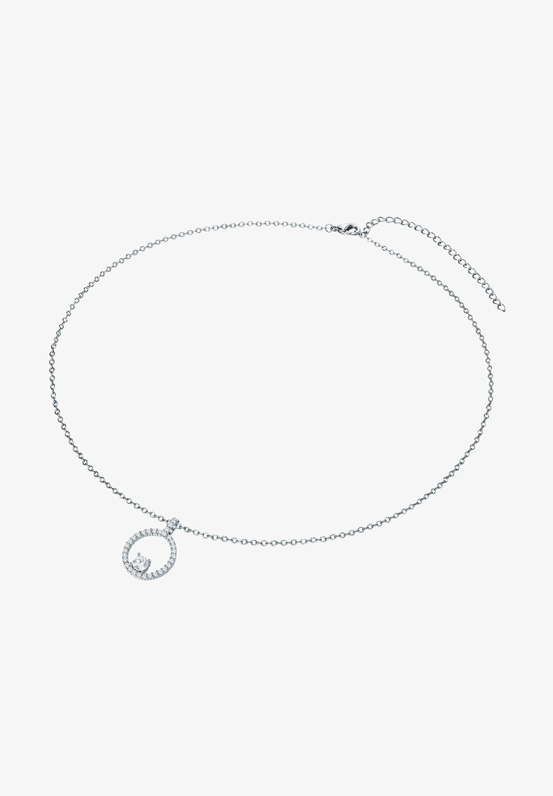 Hõbedane kettkaelakee, millel on ringikujuline ripats, millel on väikesed selged kivid, minimalistlik kujundus ja reguleeritav kinnitis.