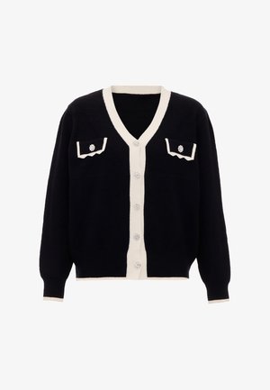 Cardigan de un navy închis cu accente crem, guler în V, închidere cu butoane, două buzunare la piept și butoane decorative cu modele florale.