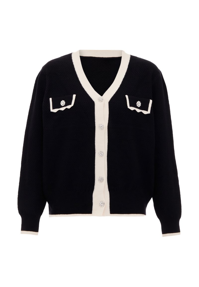 Cardigan blu scuro con dettagli crema, scollatura a V, chiusura a bottoni, due tasche sul petto e bottoni decorativi con disegni floreali.