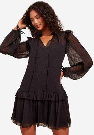 Friends Like These LONG SLEEVE DOBBY MINI WITH TIE NECK - Denní šaty - black