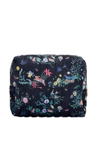 Borsa per cosmetici nera con stampa floreale e texture trapuntata, caratterizzata da fiori colorati, animali e foglie. Accessorio con zipper oro. Forma rettangolare.