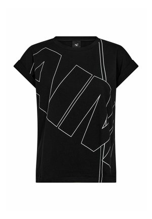 Tricou negru din bumbac, cu mâneci suflecate și text grafic alb mare pe partea din față. Per ansamblu, un design cu croială lejeră.