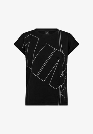 Tricou negru din bumbac, cu mâneci suflecate și text grafic alb mare pe partea din față. Per ansamblu, un design cu croială lejeră.