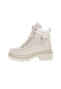 Stivaletti beige alla caviglia con superiore in pelle testurizzata, design con lacci, colletto foderato in pelliccia e suola spessa con battistrada. Dettagli in metallo dorato.