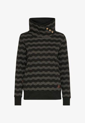 Haut à manches longues noir avec un col haut, présentant un motif blanc ondulé, trois boutons sur le col et un tissu texturé.