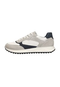 Athletic sneakers with a gray suede and white mesh upper, navy accents, light gray sole, textured tongue, and contrasting rubber outsole.