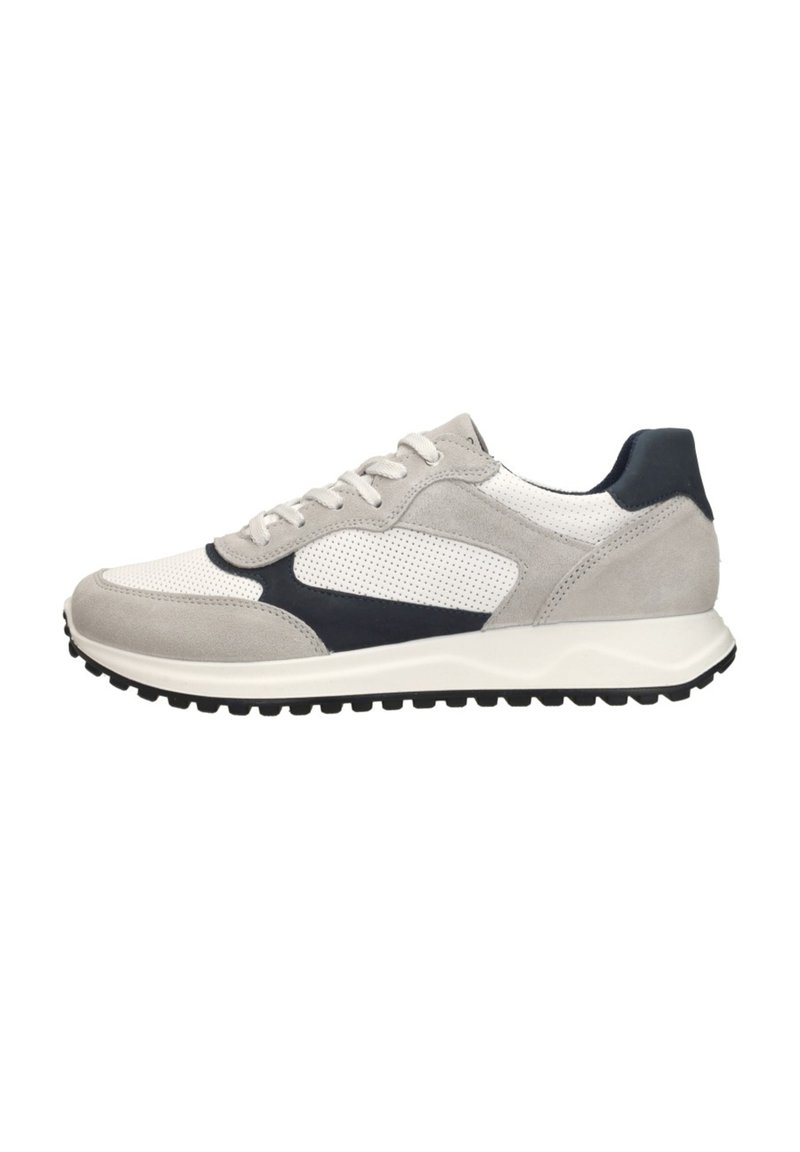 Athletic sneakers with a gray suede and white mesh upper, navy accents, light gray sole, textured tongue, and contrasting rubber outsole.