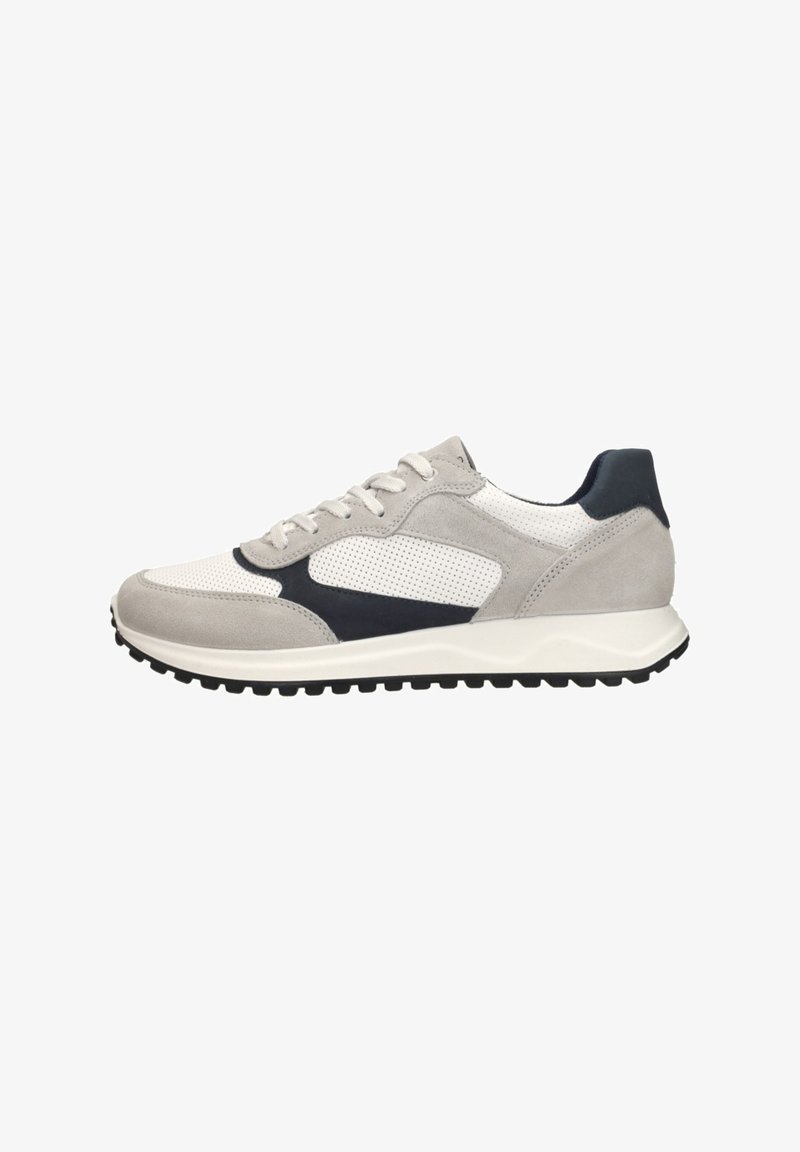 Athletic sneakers with a gray suede and white mesh upper, navy accents, light gray sole, textured tongue, and contrasting rubber outsole.