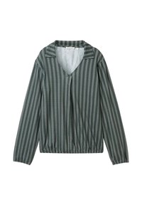 Knopfjacke mit grün-weißer, horizontaler Streifenmuster, V-Ausschnitt, langen Ärmeln und elastischem Bund. Leichter Stoff.