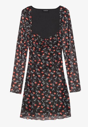 Schwarzes langärmliges Kleid mit gerafftem Oberteil, das ein florales Muster in Rot und Blau aufweist. Weicher, transparenter Stoff und ein quadratischer Ausschnitt.