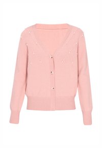 Rosa kofta i mjuk stickad kvalitet. V-ringning med pärlprydnader och knappstängning. Ribbad nederkant och ärmslut ger textur.