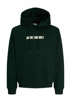 Sweat à capuche noir avec cordons et texte "JACK & JONES" imprimé en lettres majuscules sur la poitrine.