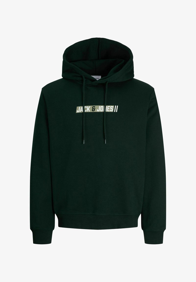 Sweat à capuche noir avec cordons et texte "JACK & JONES" imprimé en lettres majuscules sur la poitrine.