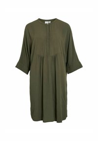 Robe vert olive en tissu léger, avec un col rond, une patte de boutonnage et des manches courtes à revers.