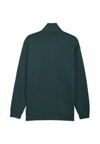 Donkergroen sweatshirt, hoge kraag, lange mouwen, zachte textuur, losse pasvorm, ribgebreide manchetten en zoom, zonder zichtbare logo's of patronen.