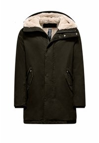 Giacca parka verde scuro con cappuccio foderato in pelliccia sintetica, chiusura con cerniera e due tasche laterali. Progettata per garantire calore con una finitura testurizzata.