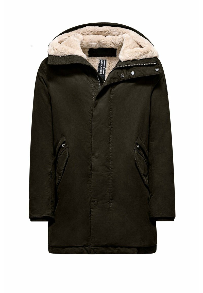 Giacca parka verde scuro con cappuccio foderato in pelliccia sintetica, chiusura con cerniera e due tasche laterali. Progettata per garantire calore con una finitura testurizzata.