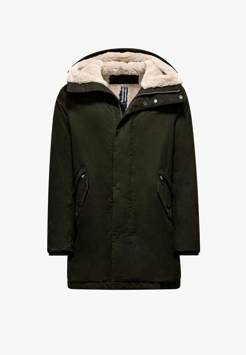 Giacca parka verde scuro con cappuccio foderato in pelliccia sintetica, chiusura con cerniera e due tasche laterali. Progettata per garantire calore con una finitura testurizzata.