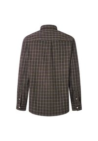 Langemouwen overhemd in donker groene flanel met een ruitenpatroon in wit en lilac. Heeft een button-down kraag en manchet. Achteraanzicht is getoond.