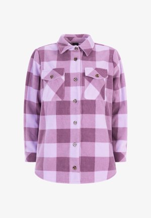 Lila und lavendel kariertes Flanellhemd mit Kragen und zwei Vorderklapptaschen mit Knöpfen.