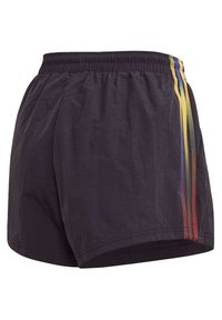 Černé sportovní šortky s elastickým pasem, na levé straně s vícebarevnými svislými pruhy a lehkou, hladkou texturou.