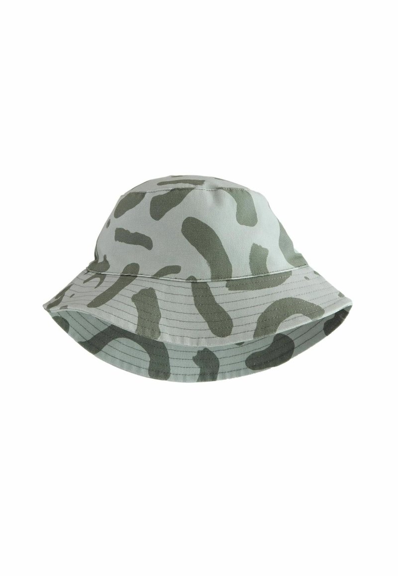 Hellgrüner Bucket Hat aus Stoff mit einem gemusterten Design in dunklerem Grün. Die Krempe ist breit und hat genähte Akzente entlang des Randes.