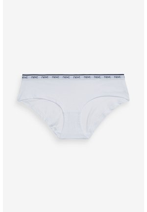 Beli bombažasti spodnji del z mornarsko modrim elastičnim pasom, ki nosi ponavljajoče se besedilo "next". Gladka tekstura in standardna srednje dvignjena oblika.