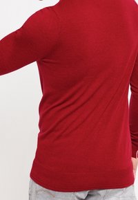 Pull en maille rouge avec des manches longues, bords côtes aux poignets et à l'ourlet, texture lisse, design ajusté, présenté de dos sur un fond uni.