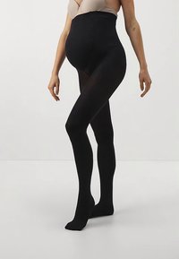 Svarte graviditetssokker med høy midje, ugjennomsiktig tekstur, glatt finish og full dekning av benet, designet for komfort og støtte.