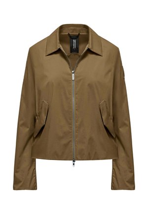 Bruine cropped jas met puntige kraag, rits aan de voorkant en schuine klepzakken aan beide zijden.