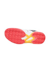 Hvid sportsko sål med et zigzag mønster. Har en pink ydersål, gule detaljer og en glat overflade.