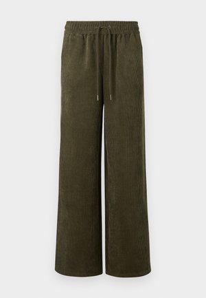 Wide-leg corduroy pants in dark olive green, featuring an elastic waistband with drawstring, a soft textured finish, and no visible pockets.
