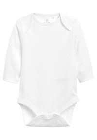 Body bébé à manches longues blanc en coton doux, avec une fermeture à pression en bas et un col rond.