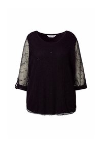 Top nero con corpo strutturato e maniche 3/4 in trasparenza e con fantasia. Il design è completato da un colletto rotondo e dettagli con maniche arrotolate.