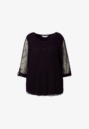 Schwarzes Oberteil mit strukturiertem Körper und durchsichtigen, gemusterten 3/4-Ärmeln. Der abgerundete Halsausschnitt und die aufgerollten Ärmeldetails runden das Design ab.