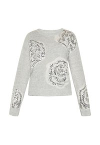 Maglione grigio chiaro a maniche lunghe con motivi floreali in paillettes argentate sulla parte anteriore, sulle spalle e sulle maniche, dotato di scollatura a girocollo e polsini a costine.