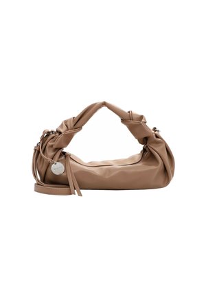 Beige leather handbag with a knotted handle, smooth texture, detachable strap, and circular metal tag detailing. Soft, puffy design.