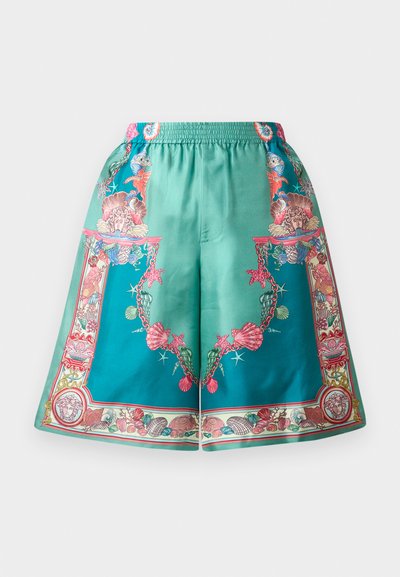 Silkeshorts i turkos med intrikata flerfärgade snäcka- och marina tryck, med ett elastiskt midjeband och lös passform.