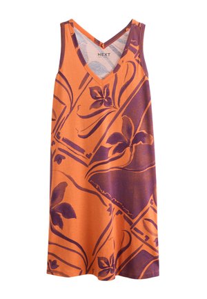 Robe orange sans manches avec motifs floraux et géométriques violets, encolure en V et coupe décontractée.