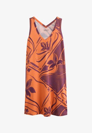 Robe orange sans manches avec motifs floraux et géométriques violets, encolure en V et coupe décontractée.