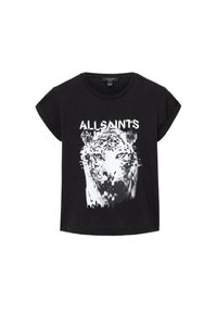 Tricou negru din bumbac cu mâneci răsucite. Are un grafic alb cu capul unui tigru și textul "ALLSAINTS" deasupra.