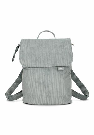 Sac à dos en velours côtelé gris avec fermeture à rabat, poignée supérieure, bretelles réglables et petite étiquette de marque en tissu à l'avant.