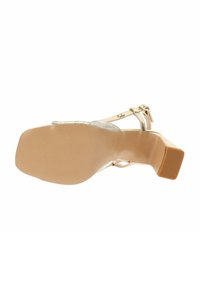 Sandal trasparente con cinturino, tacco quadrato, base beige e sottile texture rettile sulla parte superiore. Cinturino alla caviglia regolabile con fibbia.