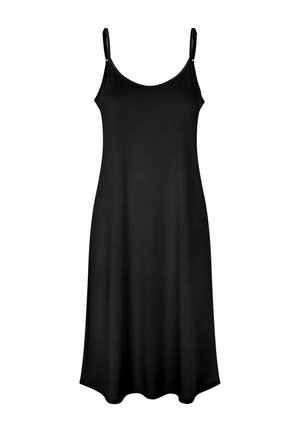 Czarna, bezrękawnikowa sukienka midi z cienkimi, regulowanymi ramiączkami i dekoltem w serek na białym tle.